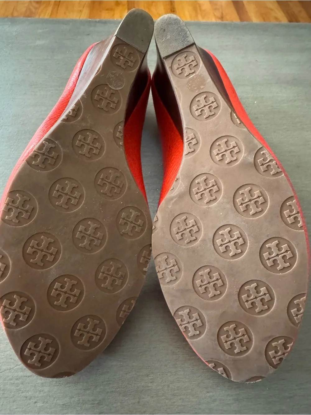 Tory Burch Coral-Red Leather Peep-Toe Wedge Pumps with Gold Logo